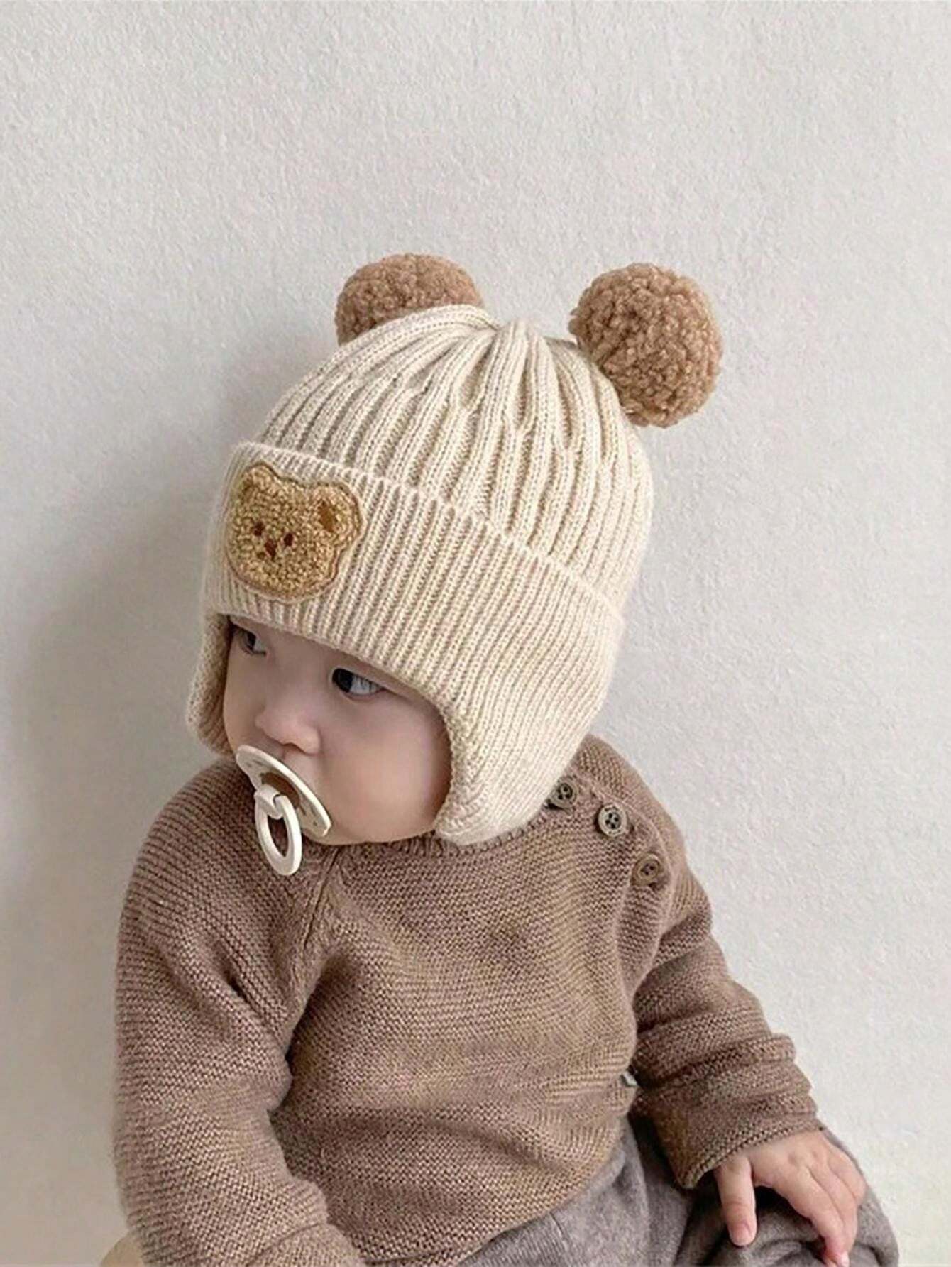 Winter Woolen Baby Hat with Ear Flaps & Teddy Bear Embroidery – Pompom Cap (2–6 Years)