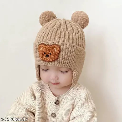 Winter Woolen Baby Hat with Ear Flaps & Teddy Bear Embroidery – Pompom Cap (2–6 Years)