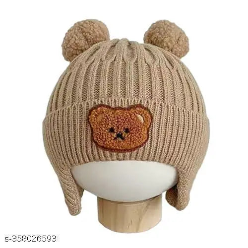 Winter Woolen Baby Hat with Ear Flaps & Teddy Bear Embroidery – Pompom Cap (2–6 Years)