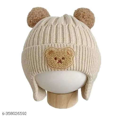 Winter Woolen Baby Hat with Ear Flaps & Teddy Bear Embroidery – Pompom Cap (2–6 Years)